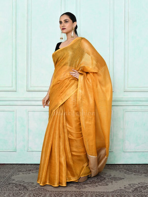 yellow zari linen saree