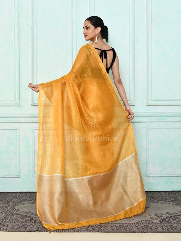 yellow zari linen saree