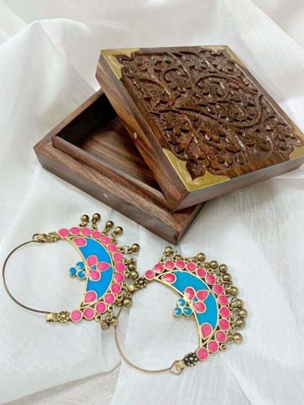 Pink Turquoise Crescent Shaped Hoop Earrings