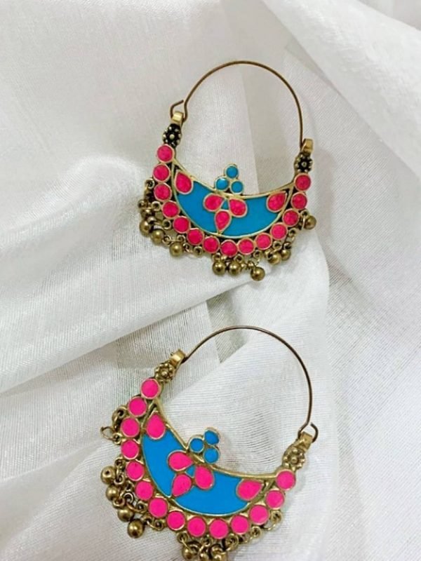 Pink Turquoise Crescent Shaped Hoop Earrings