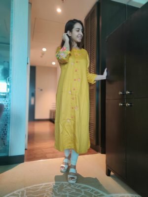 Yellow Satin Linen Kurti