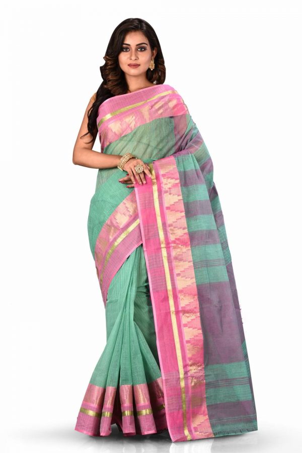 Teal green cotton taant sari