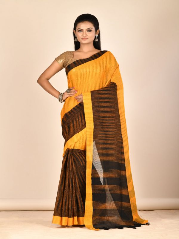 yellow black pure cotton tant sari