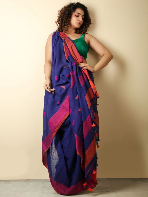 Berry Blue Cotton Handloom Saree With Weaving Motif
