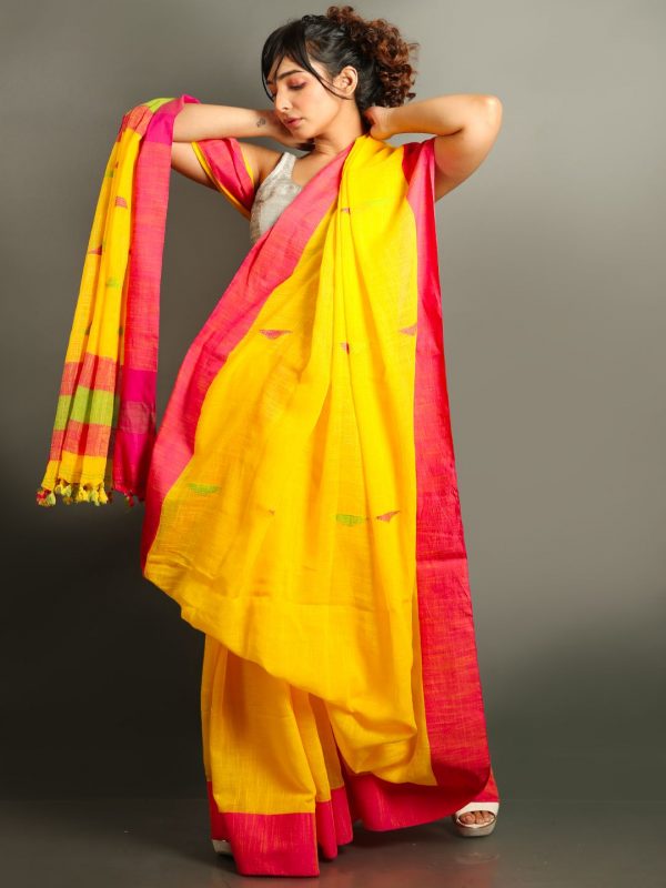 Yellow Cotton Handloom Saree With Weaving Motif