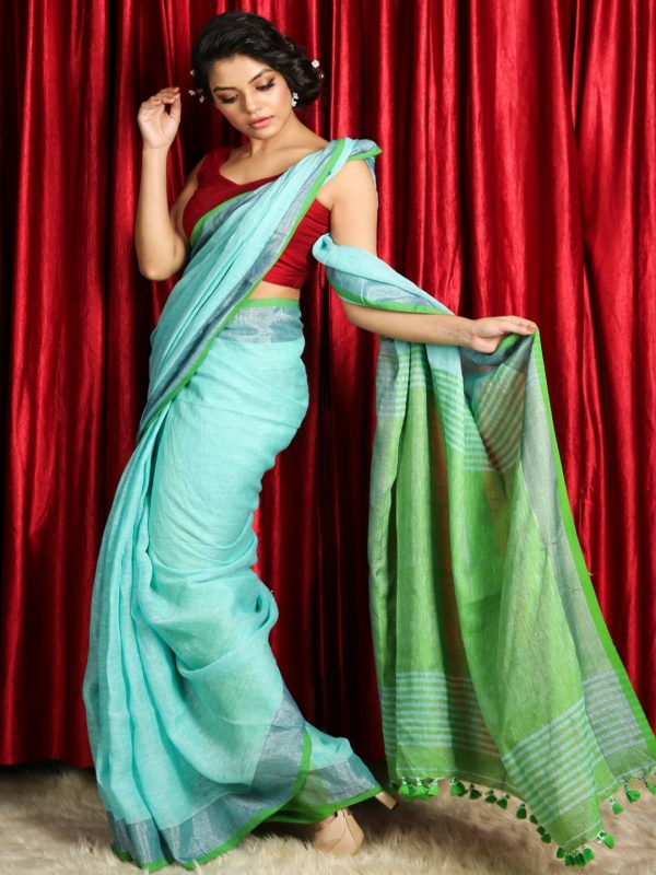 Turquoise Green Linen With Dual Border And Light Green Pallu