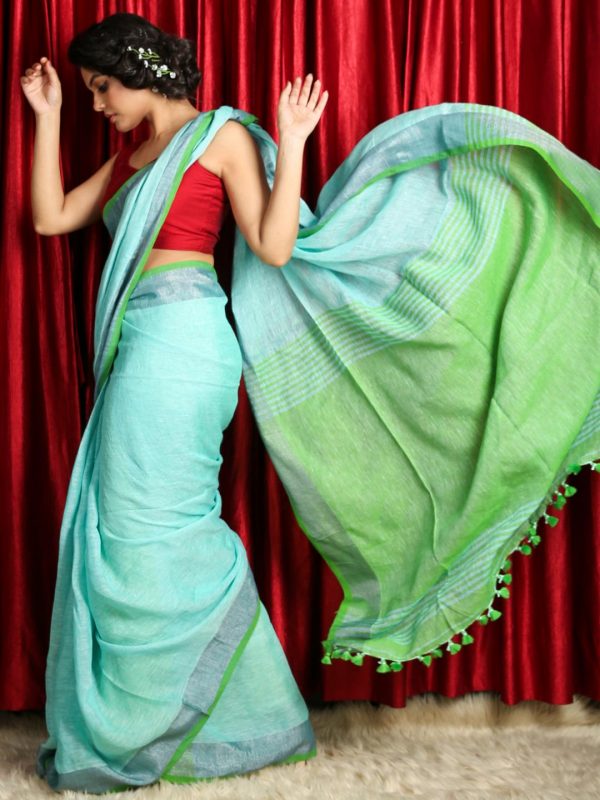Turquoise Green Linen With Dual Border And Light Green Pallu