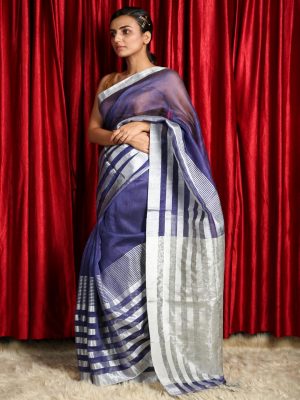 Berry Blue Silk Linen Saree With Silver Zari Stripes