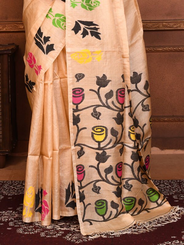 Beige Tussar Jamdani Saree - Image 5