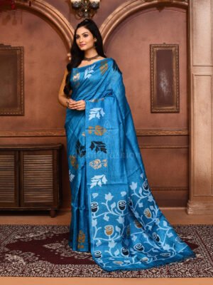 Blue Tussar Jamdani Saree