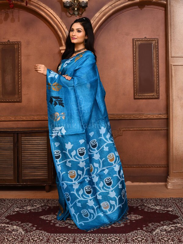 Blue tussar silk jamdani saree