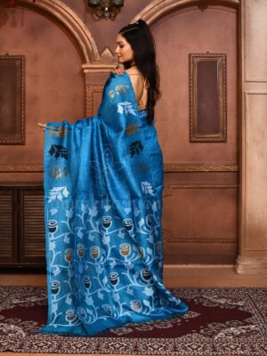 Blue Tussar Jamdani Saree