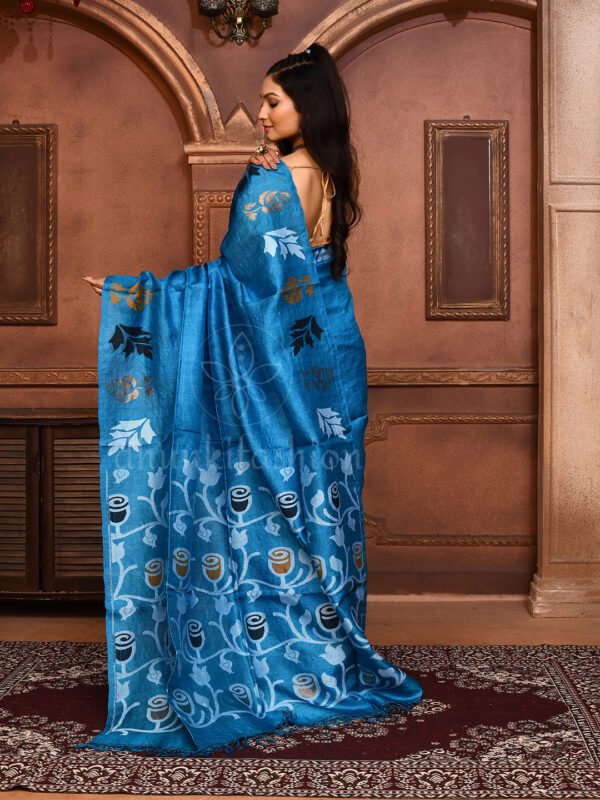 Blue tussar silk jamdani saree