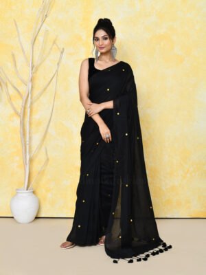 Black Cotton Sequin Saree