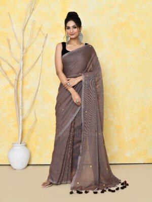 Brown Sequin Cotton Saree