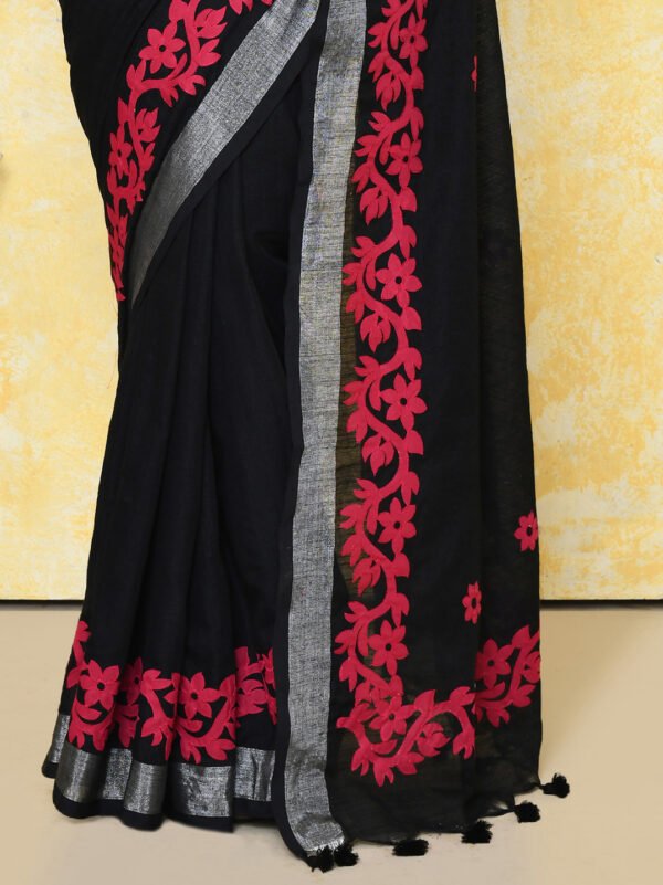 Black applique work pure cotton saree