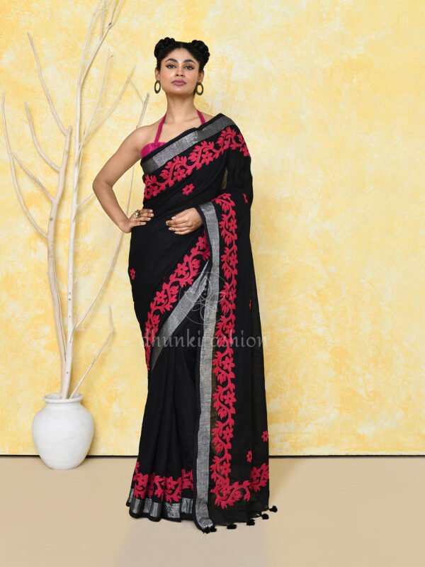 Black applique work pure cotton saree