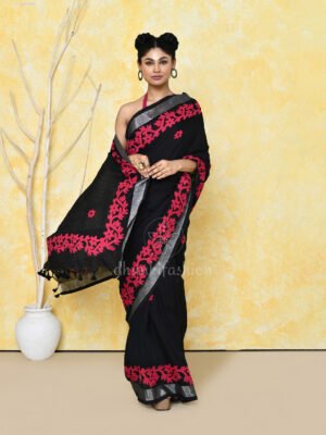 Black Applique Cotton Saree