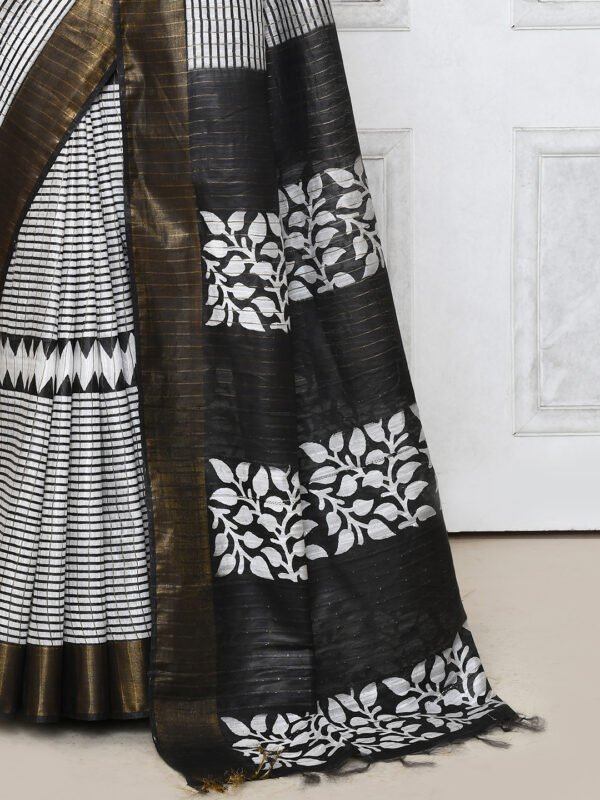 Black block printed cotton silk saree