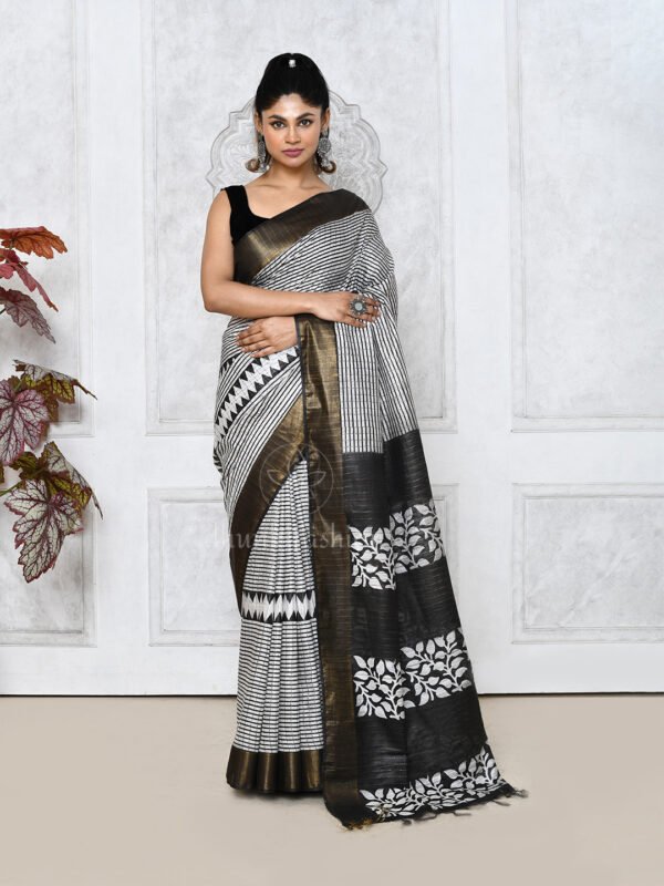 Black block printed cotton silk saree