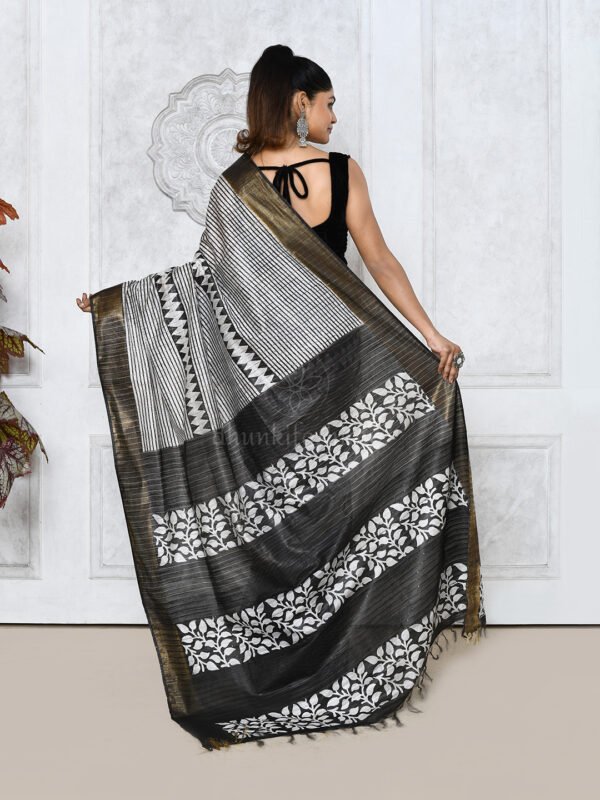 Black block printed cotton silk saree