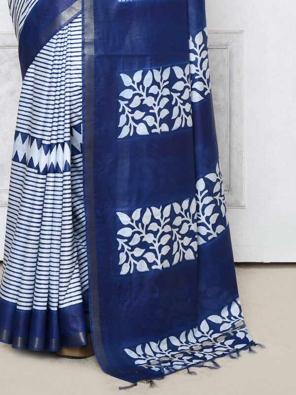 blue block printed cotton silk saree