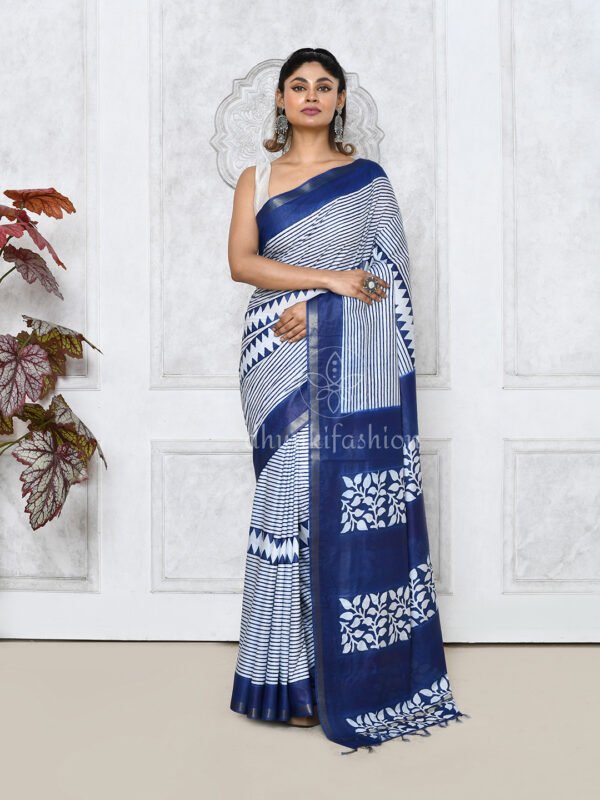 blue block printed cotton silk saree