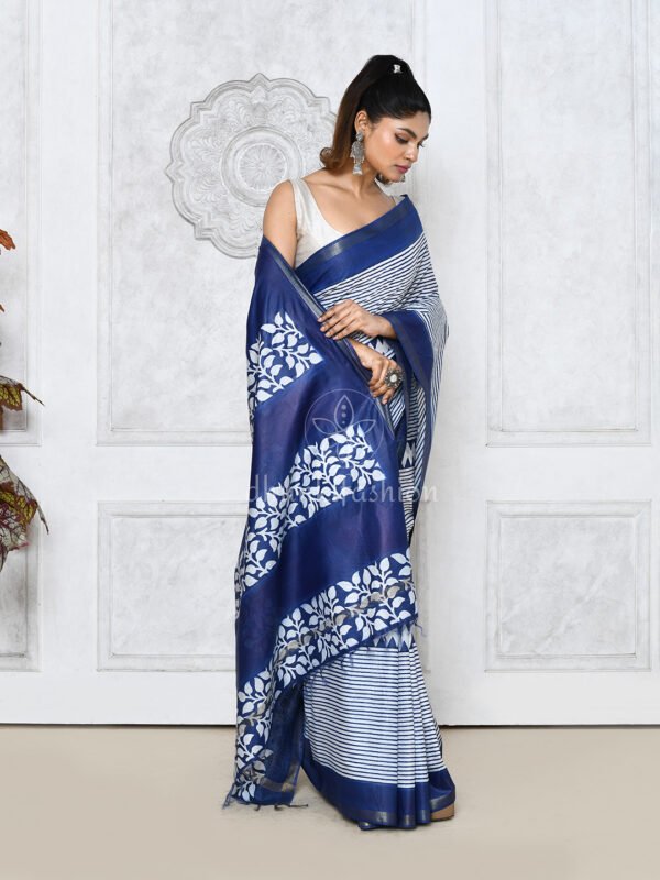 blue block printed cotton silk saree