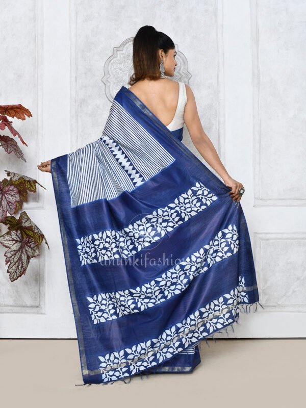 blue block printed cotton silk saree