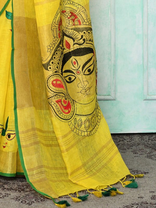 yellow maa durge embroidery linen saree