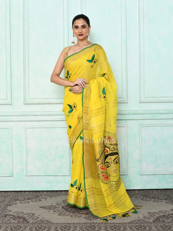 yellow maa durge embroidery linen saree