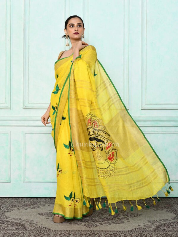 yellow maa durge embroidery linen saree