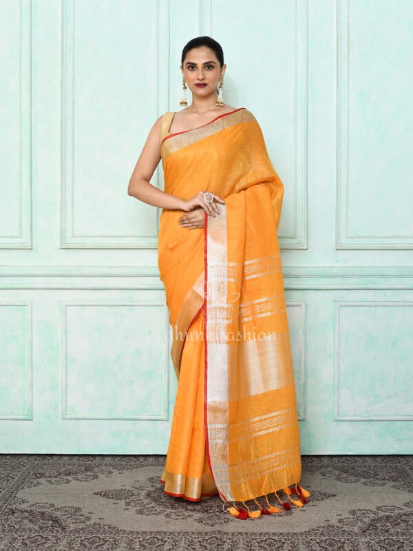 orange pure linen saree