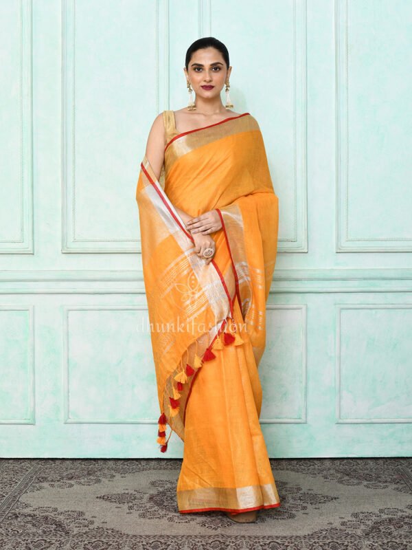 orange pure linen saree