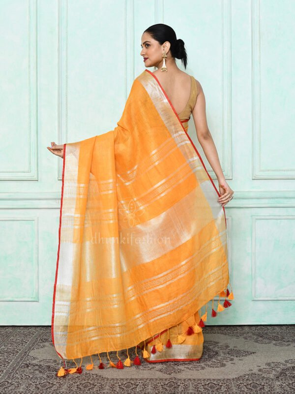 orange pure linen saree