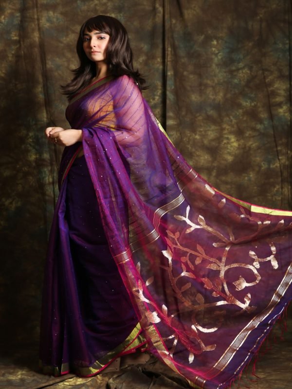 Purple Resham Sequine Saree - Image 2