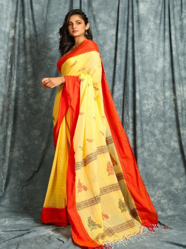 Yellow Handloom Stripes Saree - Image 2