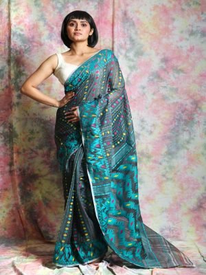 Turquoise Jamdani Minakari Saree