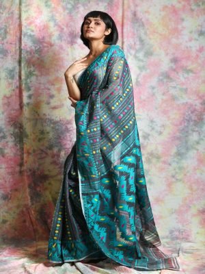 Turquoise Jamdani Minakari Saree