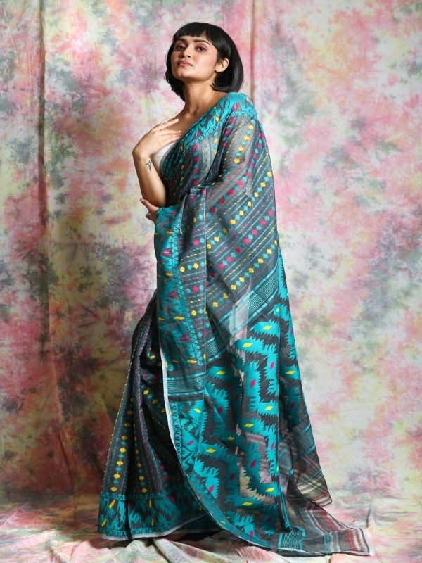 Turquoise Jamdani Minakari Saree - Image 2