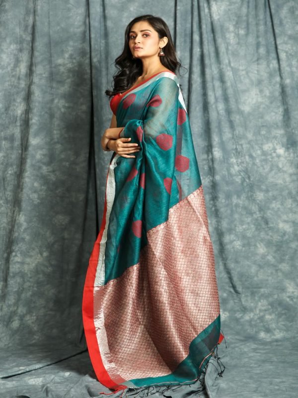 Teal Linen Saree - Image 2