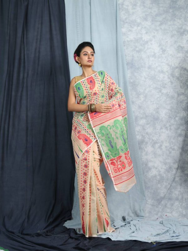 Beige jamdani cotton sari
