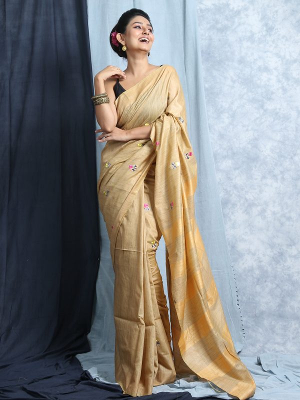 yellow baswada embroidery sari