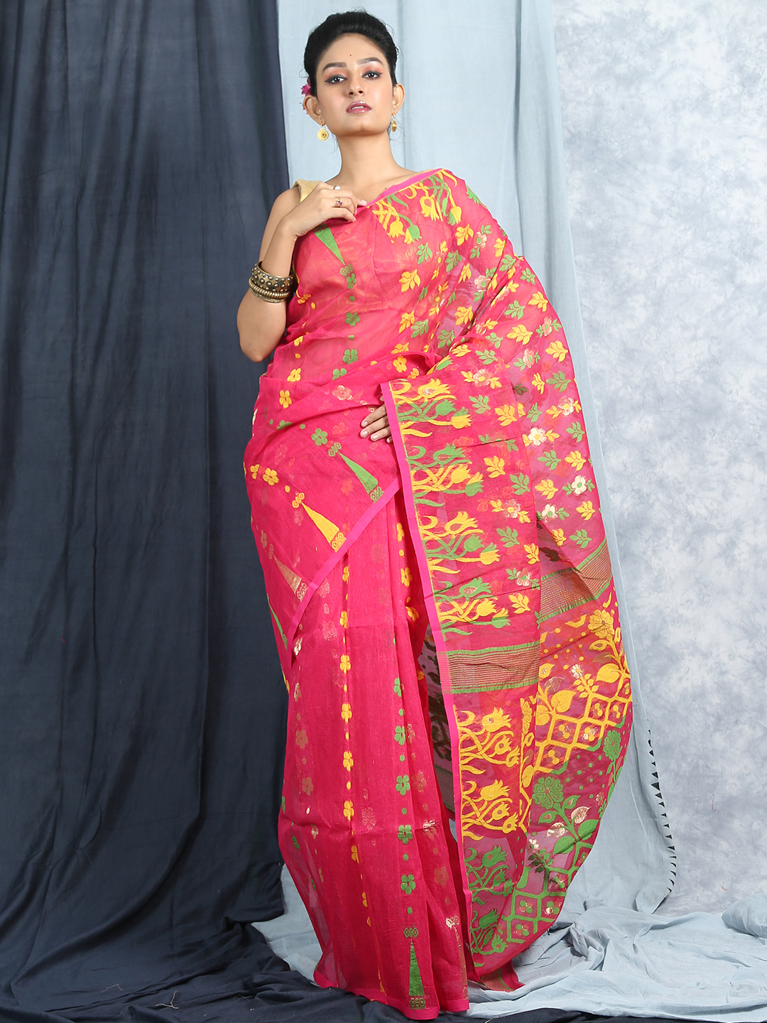 Woven Cotton Silk Soft Minakari Dhakai Jamdani Saree. (Yellow,Multicolor) -  Aishani collection