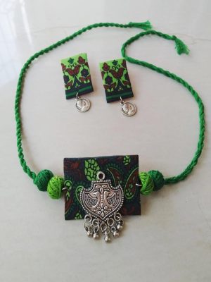 Green Fabric Handmade Necklace Set