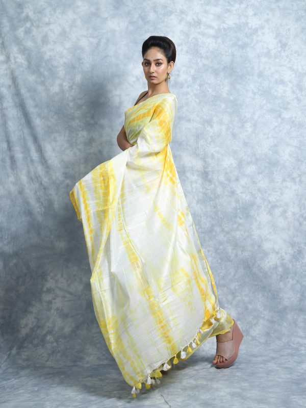 yellow bandhani tie and dye cotton linen saree