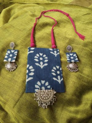 Indigo Fabric Necklace Jhumkas Set