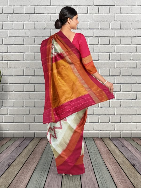 Half white chevron ikat saree