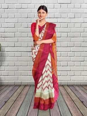 White Chevron Ikkat Saree