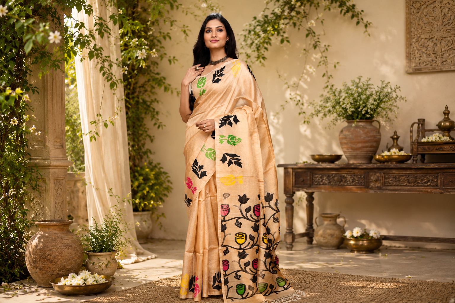 Model in beige linen saree with hand-painted floral motifs, festive courtyard setting